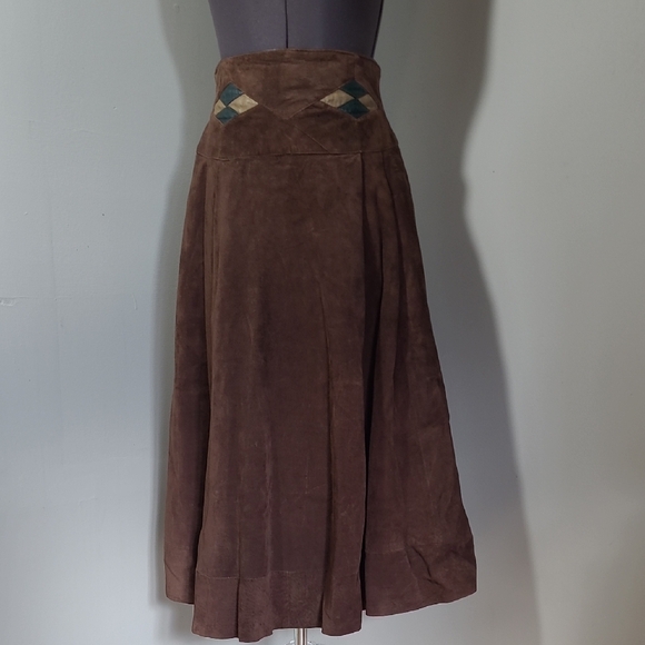 SM Real Suede Brown A-Line Skirt Vintage Genuine Leather Diamond Marquis - Picture 3 of 16